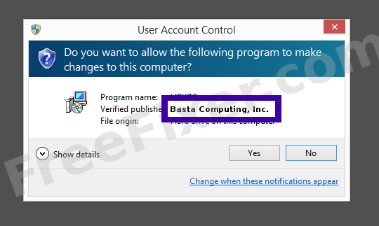Screenshot where Basta Computing, Inc. appears as the verified publisher in the UAC dialog